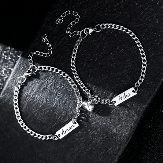 THE MEN THING Steel Bracelets ENGRAVED - TWIN HEART MAGNET - Pure Stainless Steel with Lobster Clasp for Couples Bracelet  (8inch)