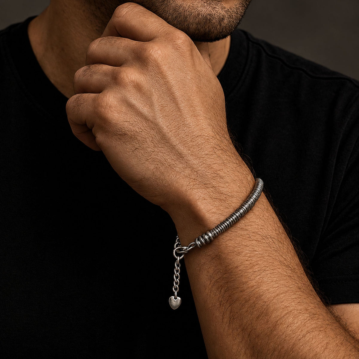 THE MEN THING Steel Bracelets ETERNA HEART - 3mm Pure Stainless Steel Adjustable Bracelet for Men & Boys