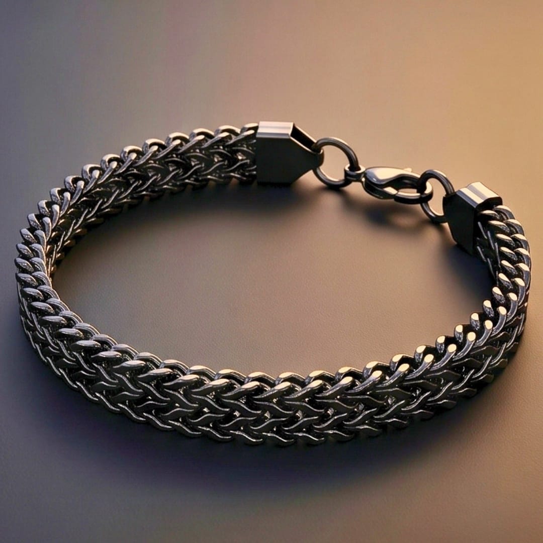 THE MEN THING Steel Bracelets FOXTAIL - BLACK - 9mm Pure Titanium Steel Thick Bracelet, European Style - Antique Ion Plating with Lobster Claw Buckle for Men & Boys (8 inch)
