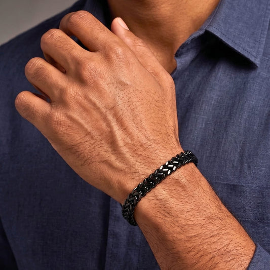 THE MEN THING Steel Bracelets FOXTAIL - BLACK - 9mm Pure Titanium Steel Thick Bracelet, European Style - Antique Ion Plating with Lobster Claw Buckle for Men & Boys (8 inch)