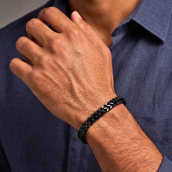 FOXTAIL - BLACK - 9mm Pure Titanium Steel Thick Bracelet, European Style - Antique Ion Plating with Lobster Claw Buckle for Men & Boys (8 inch)