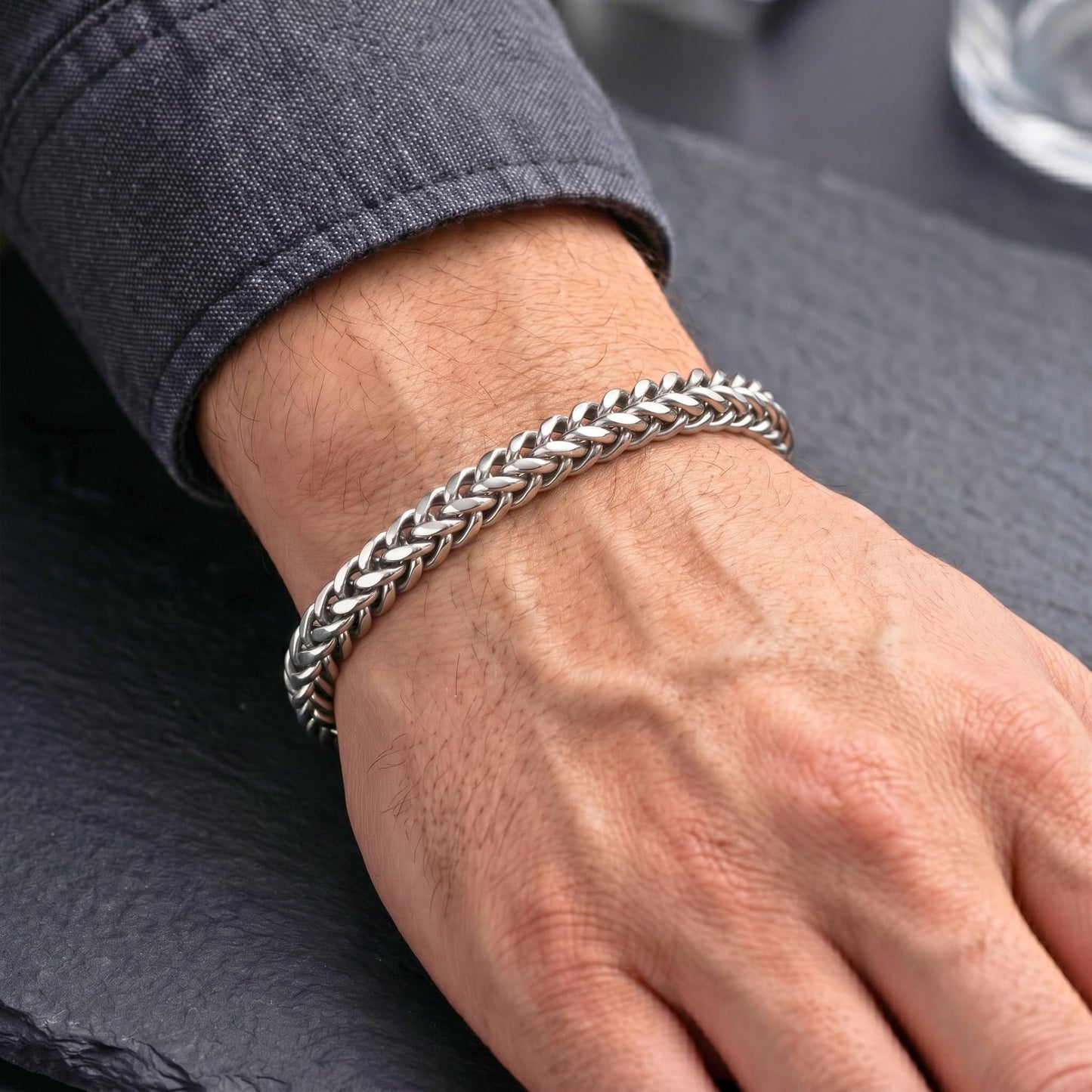 THE MEN THING Steel Bracelets FRANCO LINK DUSKY -  6mm Pure Stainless Steel Bracelet, American trending - Black Color Biker Punk Style Bracelet for Men & Boys (8 inch)