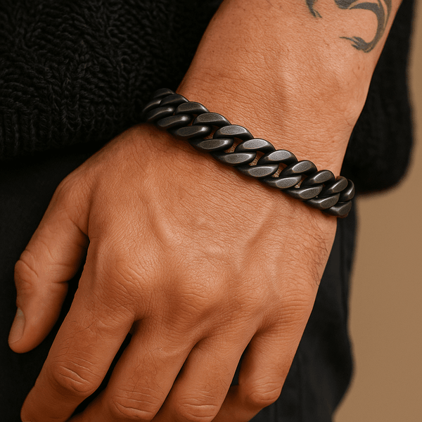 GRAVITAS LINK - 11.5mm Pure Black Titanium Steel Bracelet with Push Button Clasp for Men & Boy (8 inch)