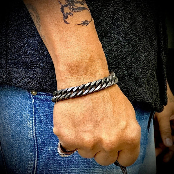 GRAVITAS LINK - 11.5mm Pure Black Titanium Steel Bracelet with Push Button Clasp for Men & Boy (8 inch)