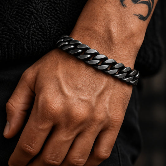 THE MEN THING Steel Bracelets GRAVITAS LINK - 11.5mm Pure Black Titanium Steel Bracelet with Push Button Clasp for Men & Boy (8 inch)