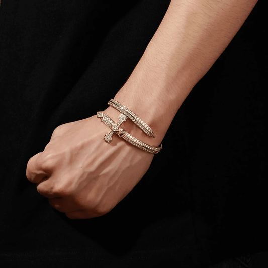 THE MEN THING Steel Bracelets JUSTICE SWORD GOLD - "7"mm Alloy Bracelet With Faux Diamonds for Men & Boys (8 inch)