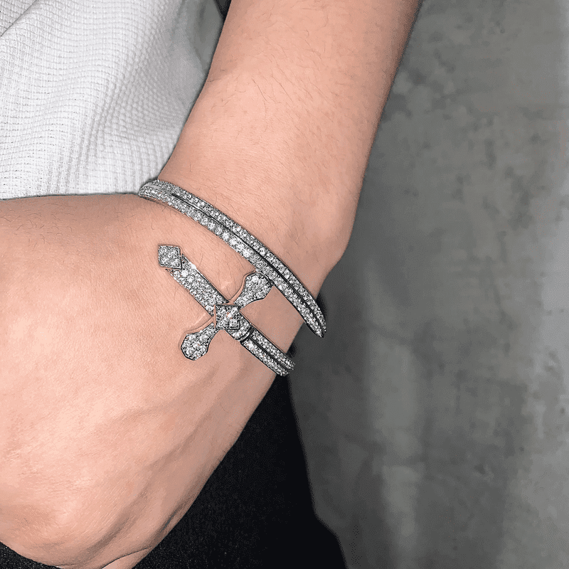 THE MEN THING Steel Bracelets JUSTICE SWORD Silver - "7"mm Alloy Bracelet With Faux Diamonds for Men & Boys (8 inch)