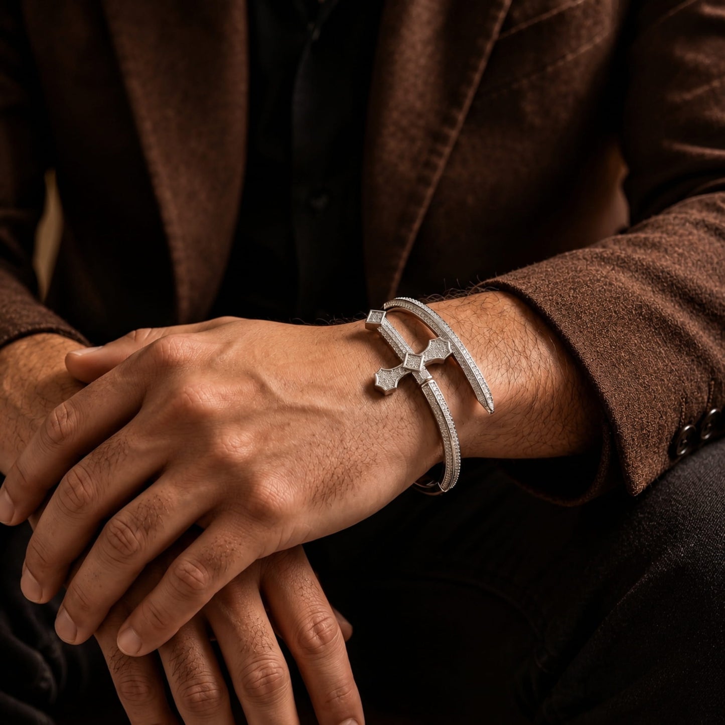 THE MEN THING Steel Bracelets JUSTICE SWORD Silver - "7"mm Alloy Bracelet With Faux Diamonds for Men & Boys (8 inch)