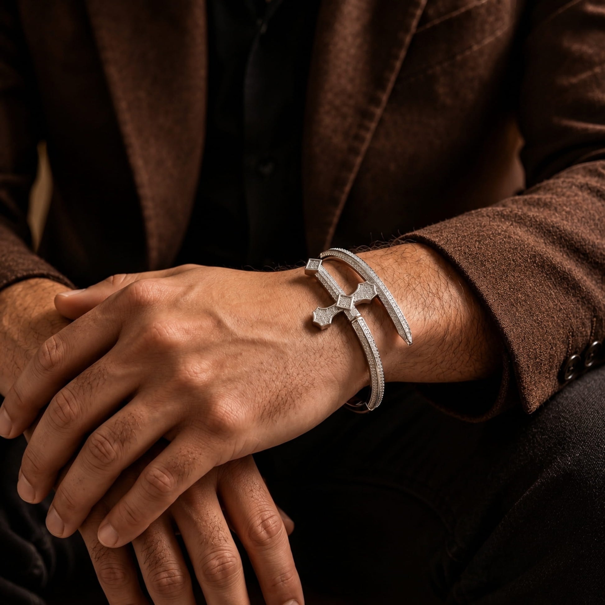 THE MEN THING Steel Bracelets JUSTICE SWORD Silver - "7"mm Alloy Bracelet With Faux Diamonds for Men & Boys (8 inch)