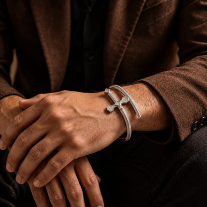 THE MEN THING Steel Bracelets JUSTICE SWORD Silver - "7"mm Alloy Bracelet With Faux Diamonds for Men & Boys (8 inch)