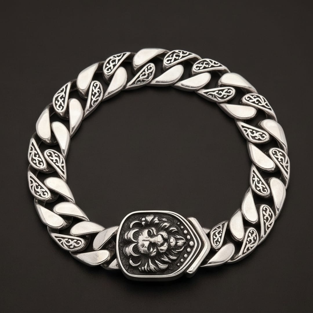 THE MEN THING Steel Bracelets LION EMBLEM - 9mm Stainless Steel, 8.6 inch Hook Box Clasp Bracelet for Men & Boys