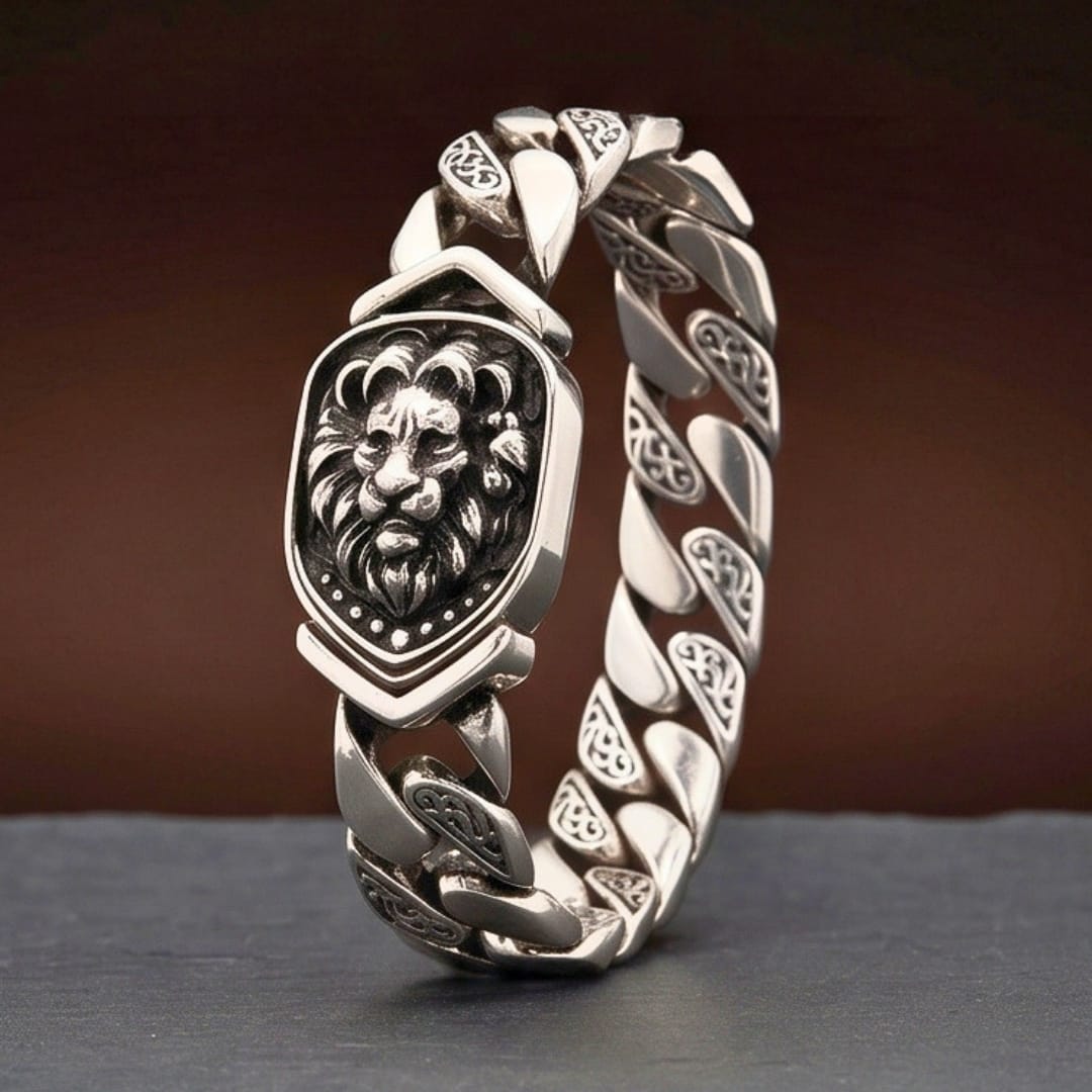 THE MEN THING Steel Bracelets LION EMBLEM - 9mm Stainless Steel, 8.6 inch Hook Box Clasp Bracelet for Men & Boys