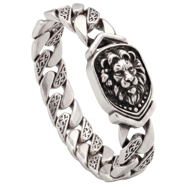 LION EMBLEM - 9mm Stainless Steel, 8.6 inch Hook Box Clasp Bracelet for Men & Boys