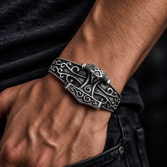 THE MEN THING Steel Bracelets ODIN'S EMBRACE - Pure Stainless Steel Open Bangle Bracelet (Adjustable) for Men & Boys