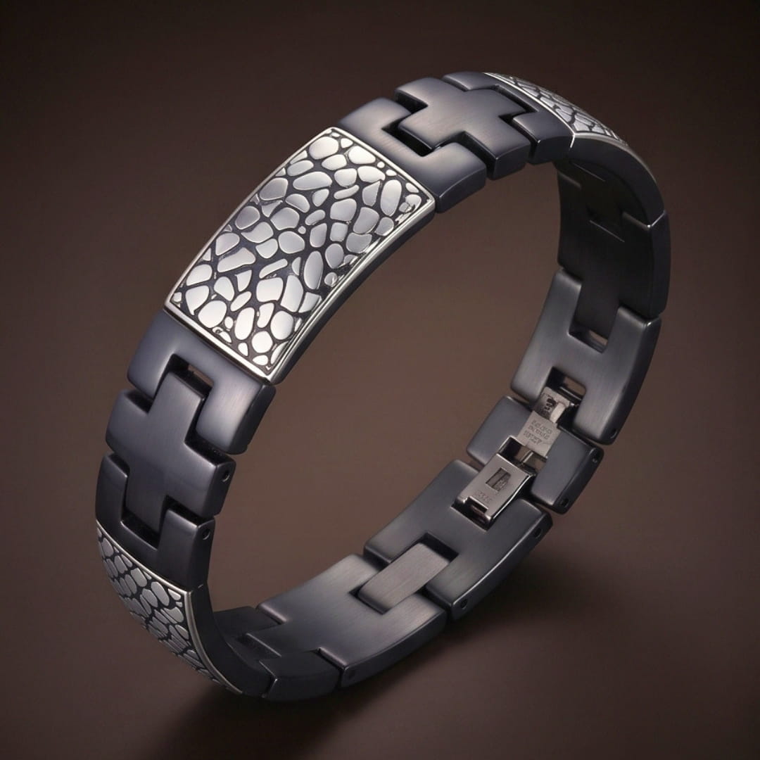 THE MEN THING Steel Bracelets ONYX MOSAIC - 16mm Pure Titanium Steel Bracelet with Snap-lock Clasp for Men & Boy (8.5 inch)