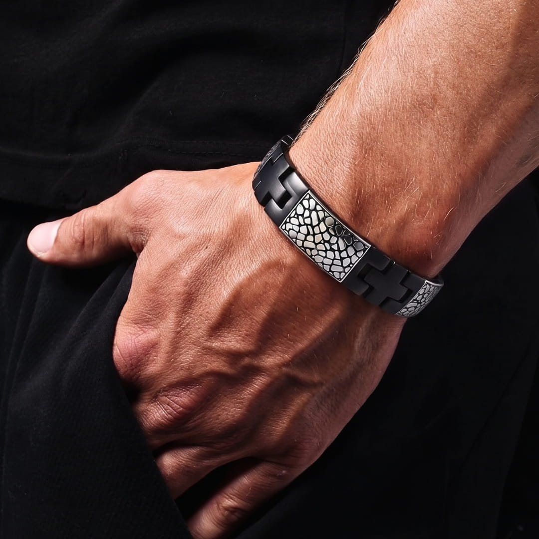THE MEN THING Steel Bracelets ONYX MOSAIC - 16mm Pure Titanium Steel Bracelet with Snap-lock Clasp for Men & Boy (8.5 inch)