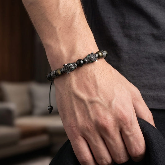 THE MEN THING Steel Bracelets PANTHER DUO - 9mm Beads Bracelet with Natural Stone - Stretch / Adjustable Bracelet for Men & Boys