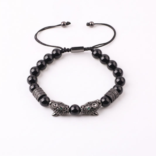 THE MEN THING Steel Bracelets PANTHER DUO - 9mm Beads Bracelet with Natural Stone - Stretch / Adjustable Bracelet for Men & Boys