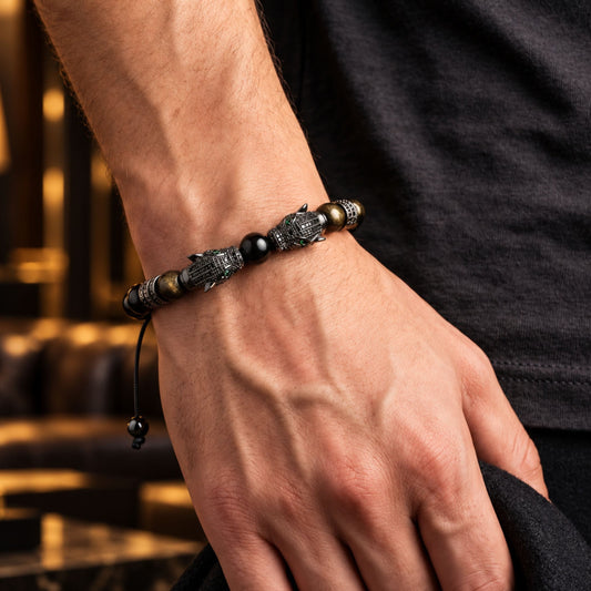 THE MEN THING Steel Bracelets PANTHER DUO - 9mm Beads Bracelet with Natural Stone - Stretch / Adjustable Bracelet for Men & Boys