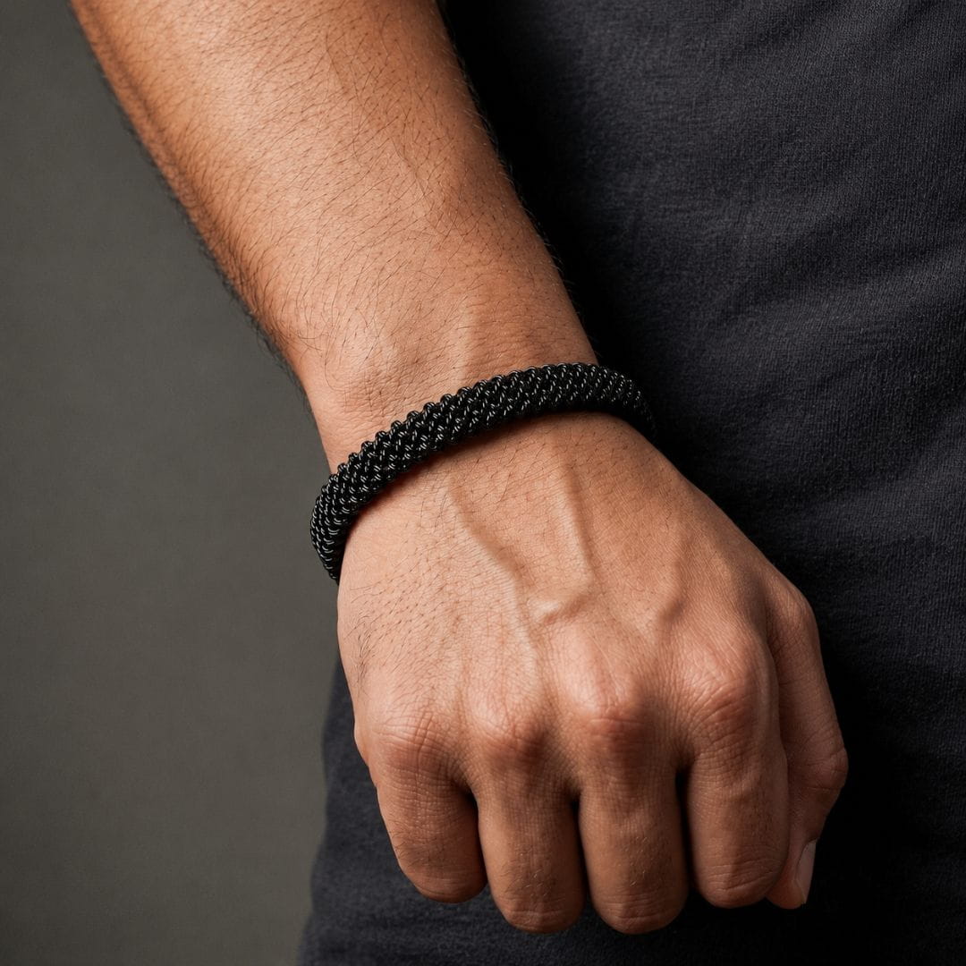 THE MEN THING Steel Bracelets RAVEN WEAVE BLACK - Stainless Steel Kada, Adjustable Size, Matte Black, for Men & Boys