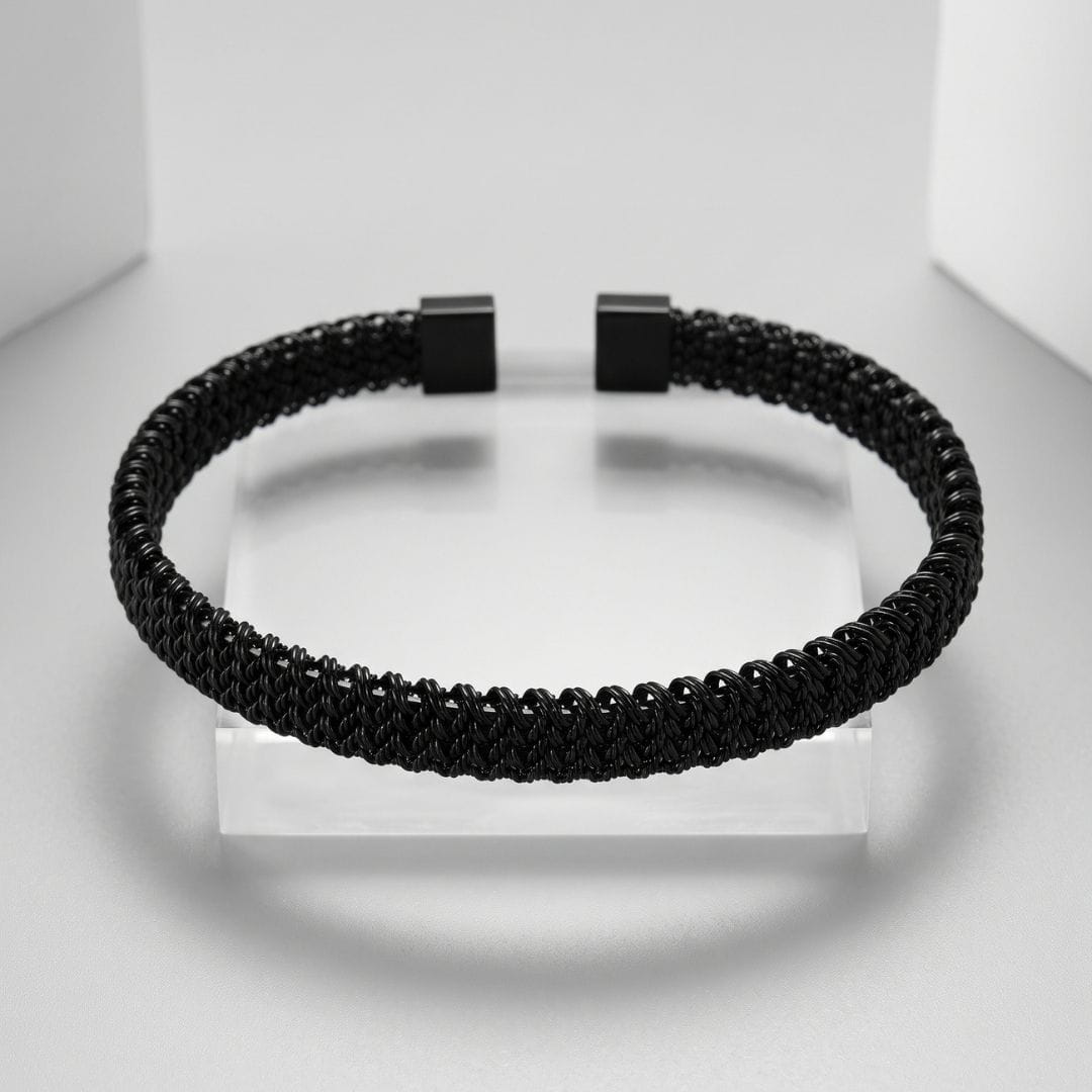 THE MEN THING Steel Bracelets RAVEN WEAVE BLACK - Stainless Steel Kada, Adjustable Size, Matte Black, for Men & Boys