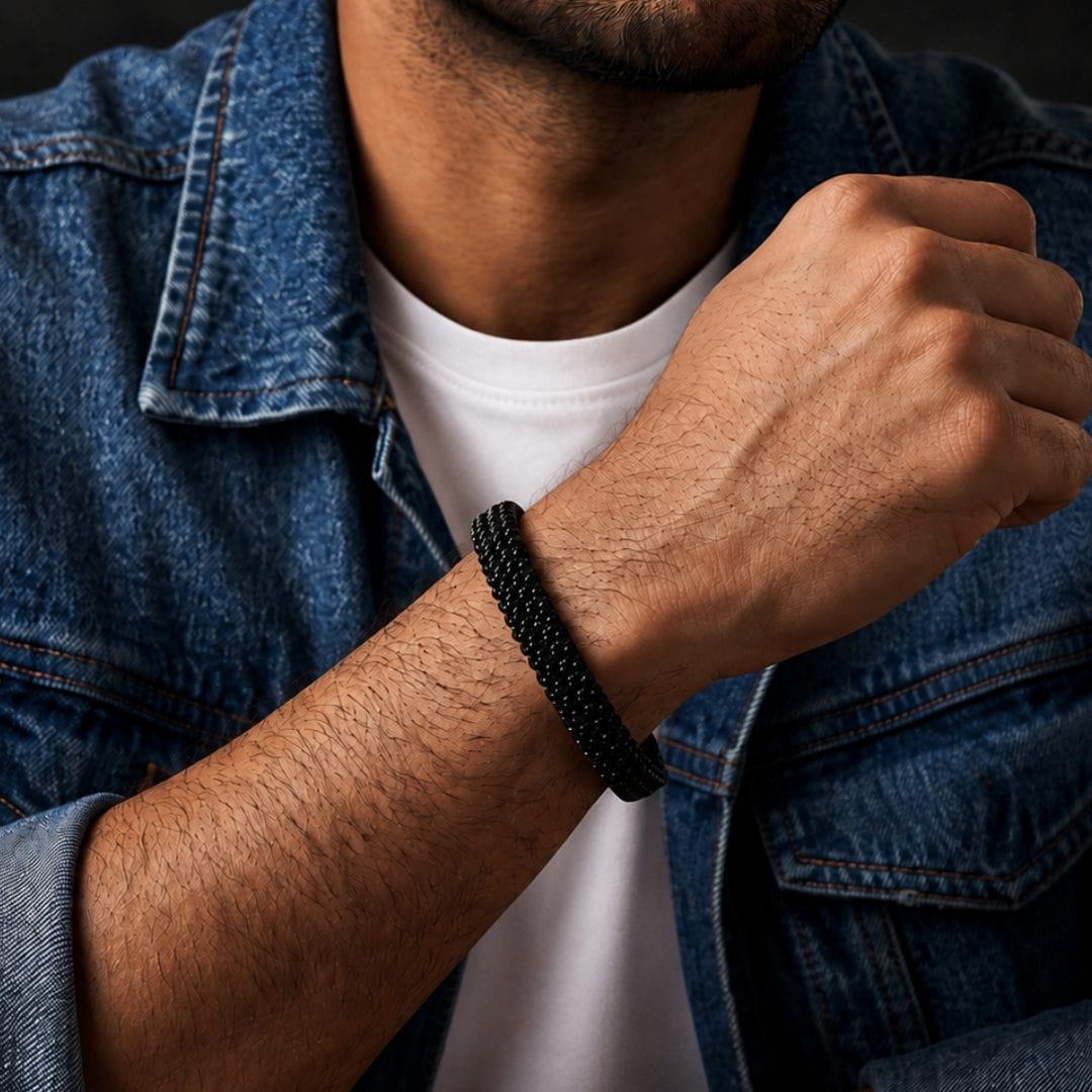 THE MEN THING Steel Bracelets RAVEN WEAVE BLACK - Stainless Steel Kada, Adjustable Size, Matte Black, for Men & Boys