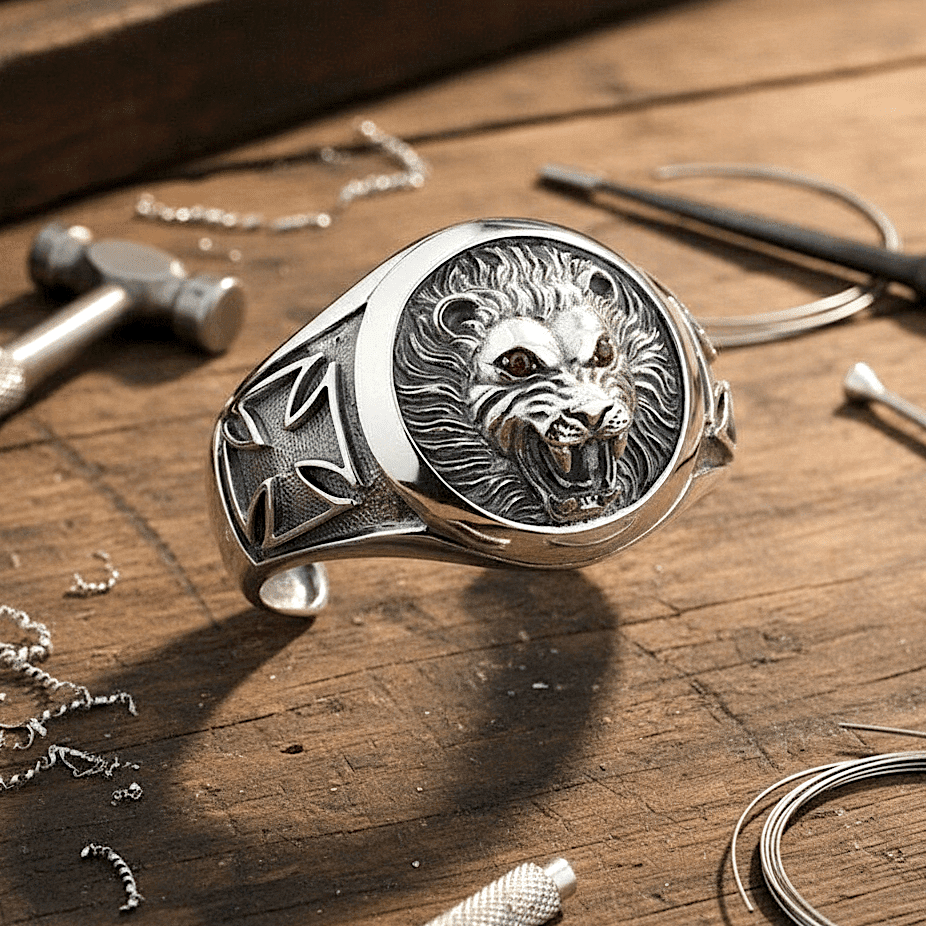 THE MEN THING Steel Bracelets RED EYE LION - Pure Stainless Steel Open Bangle Bracelet (Adjustable) for Men & Boys