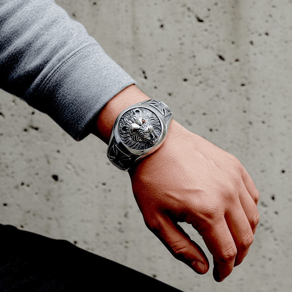 THE MEN THING Steel Bracelets RED EYE LION - Pure Stainless Steel Open Bangle Bracelet (Adjustable) for Men & Boys