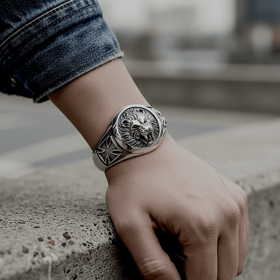 THE MEN THING Steel Bracelets RED EYE LION - Pure Stainless Steel Open Bangle Bracelet (Adjustable) for Men & Boys