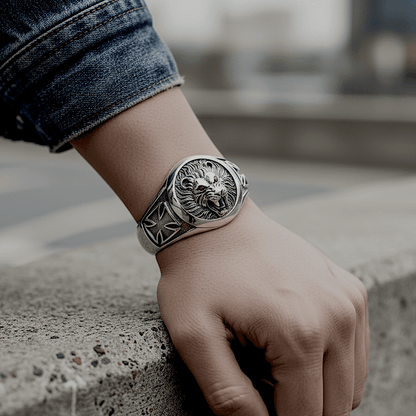 THE MEN THING Steel Bracelets RED EYE LION - Pure Stainless Steel Open Bangle Bracelet (Adjustable) for Men & Boys