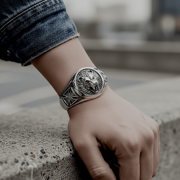 RED EYE LION - Pure Stainless Steel Open Bangle Bracelet (Adjustable) for Men & Boys