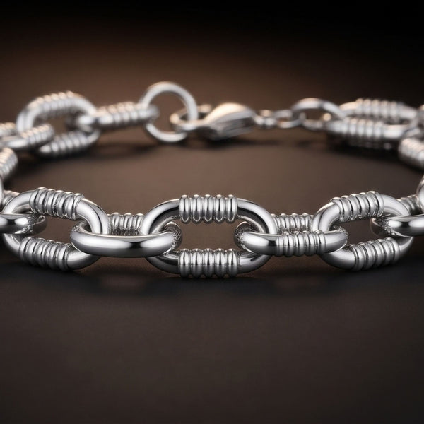 RIBBED OVAL LINK - 11mm Titanium Steel Bracelet with Lobster Clasp for Men & Boy (8 inch)