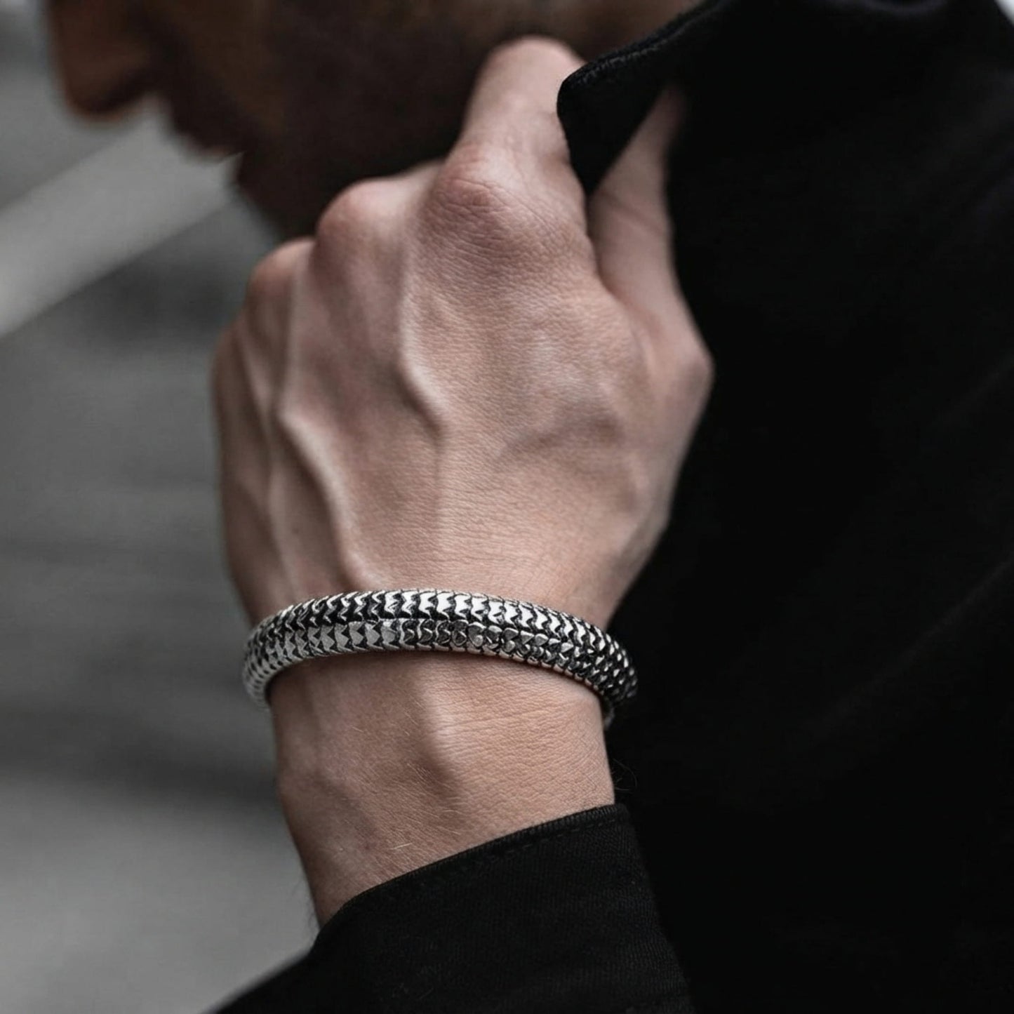 THE MEN THING Steel Bracelets SCALE CUFF - 15mm Pure Stainless Steel Open Bangle Bracelet for Men & Boys