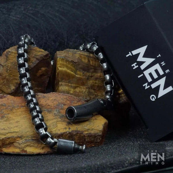 SHADOW SQUARE - 5mm Titanium Steel Antique Black Bracelet 9 inch for Men & Boys