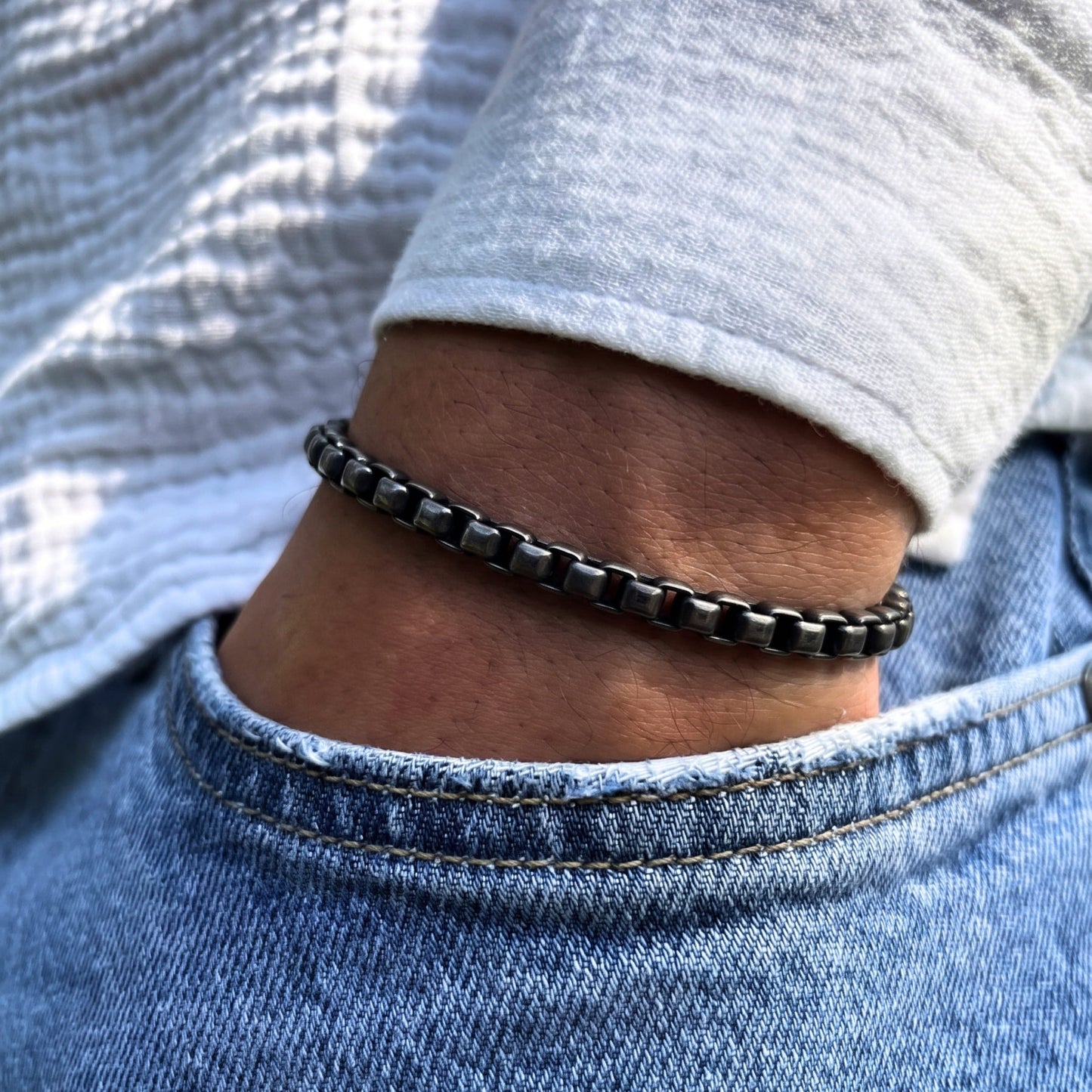 THE MEN THING Steel Bracelets SHADOW SQUARE - 5mm Titanium Steel Antique Black Bracelet 9 inch for Men & Boys