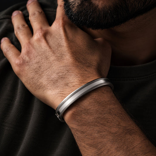 THE MEN THING Steel Bracelets SILVER TRACK - Pure Stainless Steel Bangle, Silver Color (8 inch) for Men & Boys