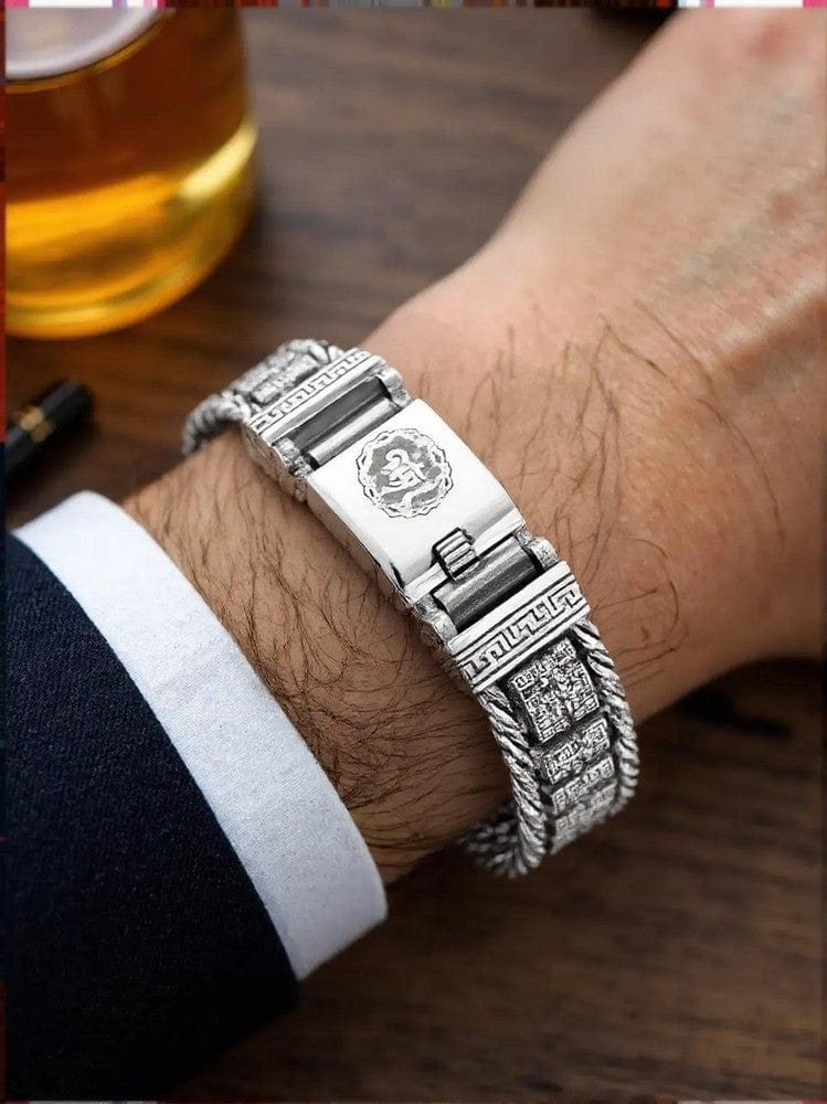 THE MEN THING Steel Bracelets SIX SIGN MANTRA LINK - "11.5"mm Pure Alloy Bracelet with Open Box Clasps for Men & Boy (8 inch)