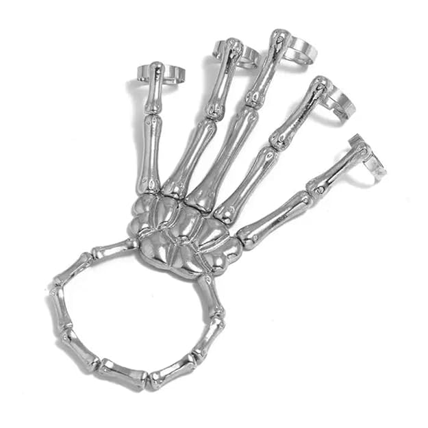 THE MEN THING Steel Bracelets SKELETON HAND - Full Hand Skeleton Bracelet with Ring Metal Elasticity Adjustable for Men & Boys