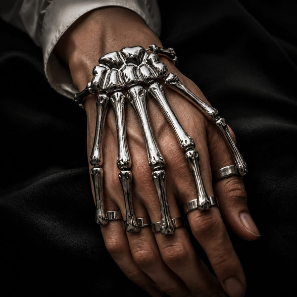 SKELETON HAND - Full Hand Skeleton Bracelet with Ring Metal Elasticity Adjustable for Men & Boys