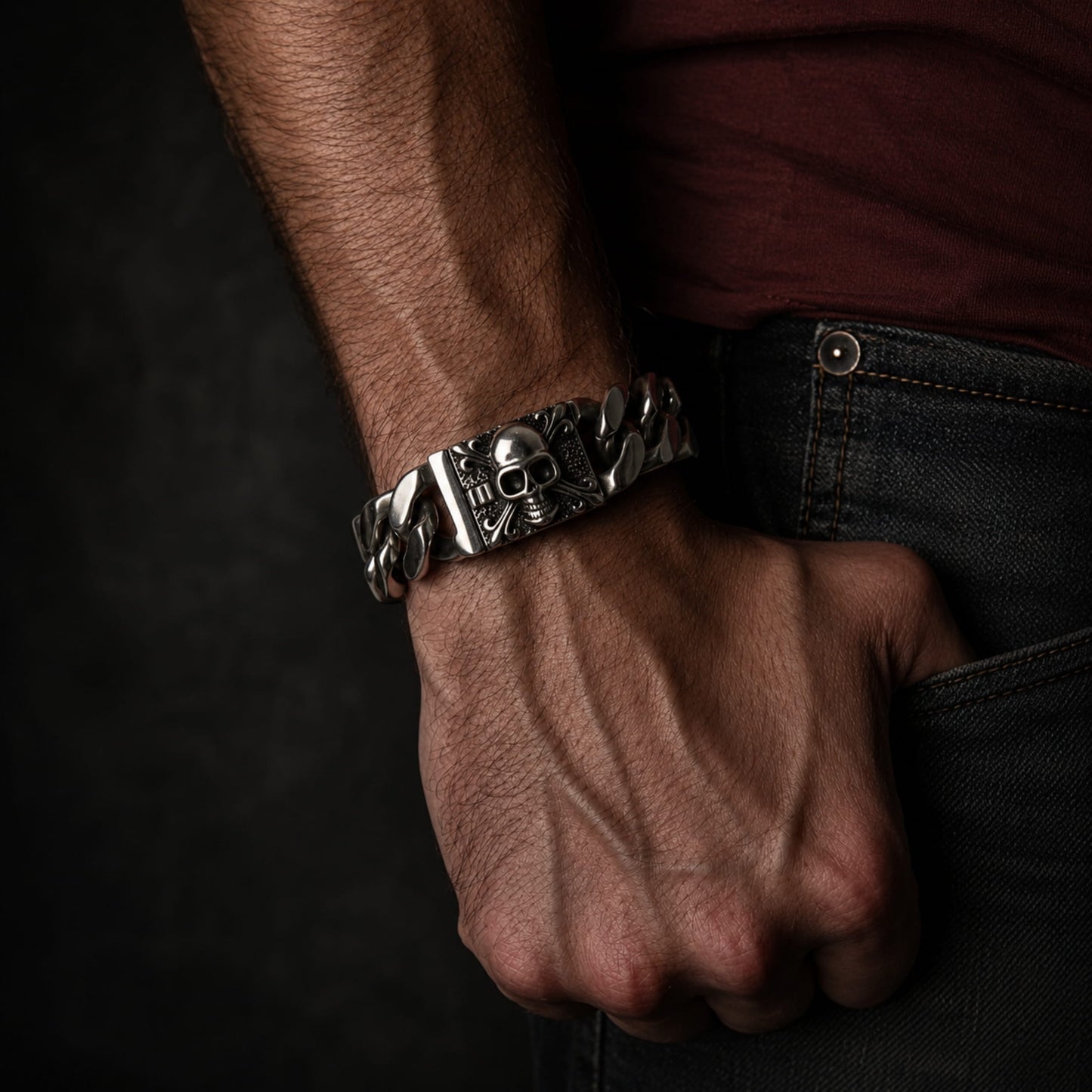 THE MEN THING Steel Bracelets SKULL KING - 20mm Pure Titanium Steel , Heavy Biker Bracelet for Men & Boy (8inch)