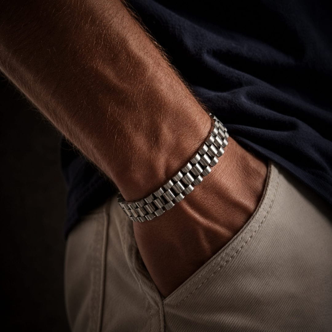 THE MEN THING Steel Bracelets STEEL GRID BRACELET - 12mm Pure Silver Titanium Stainless Steel Bracelet, steel Chain Bracelet for Men & Boy (8inch)