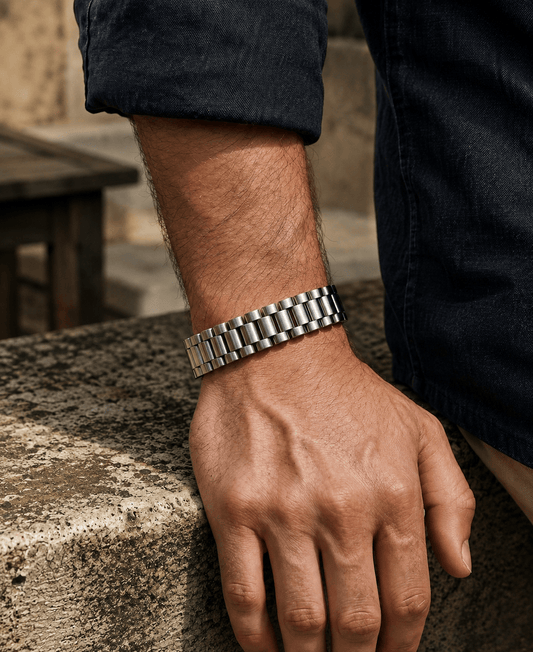 THE MEN THING Steel Bracelets STEEL GRID BRACELET - 12mm Pure Silver Titanium Stainless Steel Bracelet, steel Chain Bracelet for Men & Boy (8inch)