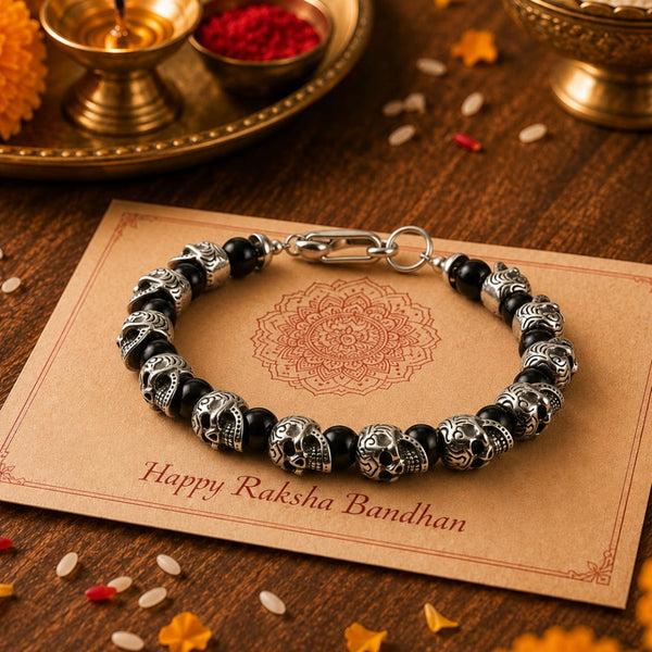 The Perfect Rakhi Gift For Every Brother – GRIM SKULL - Black Agate - Premium Stainless Steel Bracelets With Timeless Style (8inch)