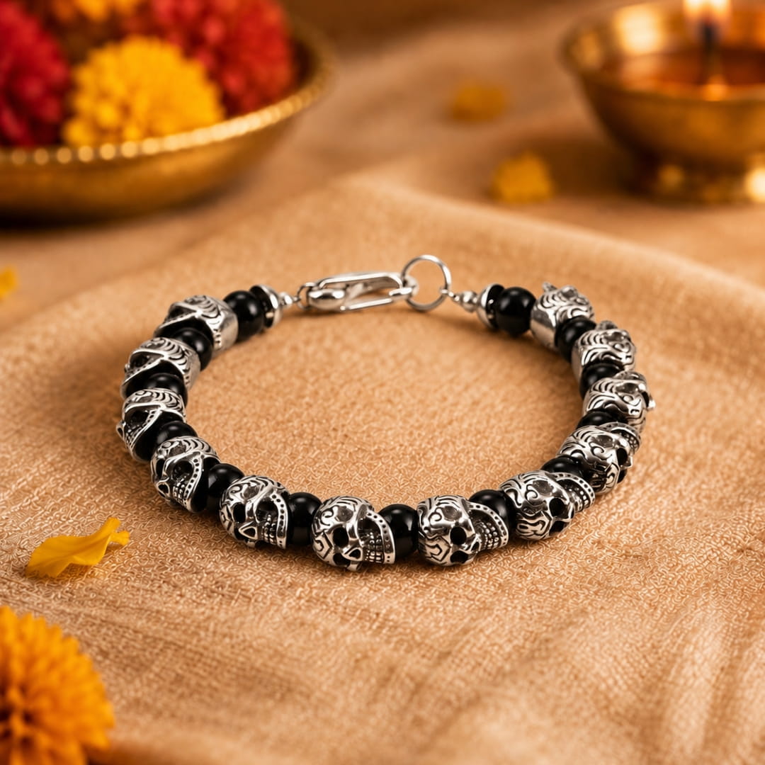 THE MEN THING Steel Bracelets The Perfect Rakhi Gift For Every Brother – GRIM SKULL - Black Agate - Premium Stainless Steel Bracelets With Timeless Style (8inch)