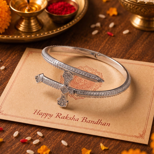 The Perfect Rakhi Gift For Every Brother – JUSTICE SWORD SILVER - Premium Alloy Bracelet With Faux Diamonds (8inch)