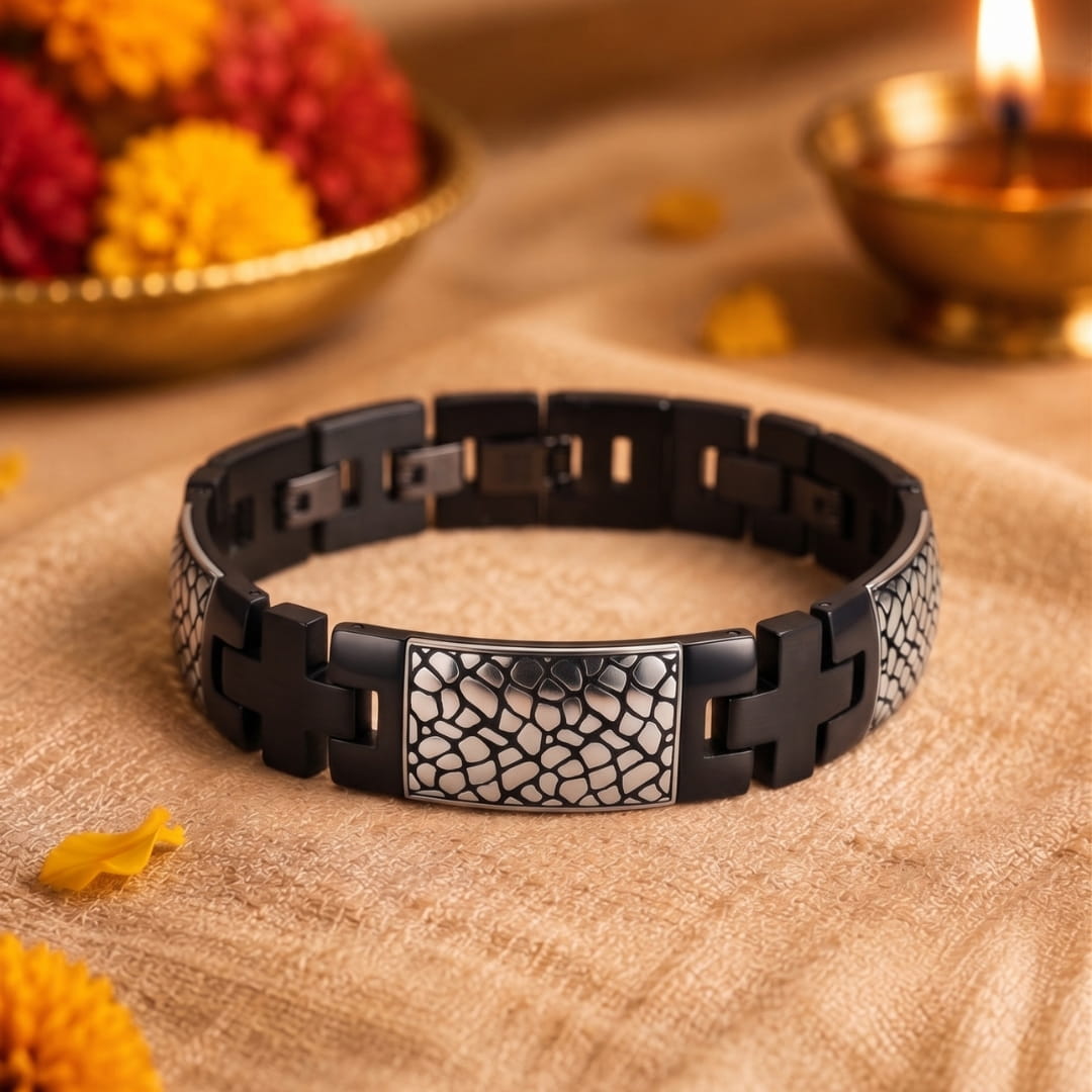 THE MEN THING Steel Bracelets The Perfect Rakhi Gift For Every Brother – ONYX MOSAIC - Premium Titanium Steel With Timeless Style (8.5inch)