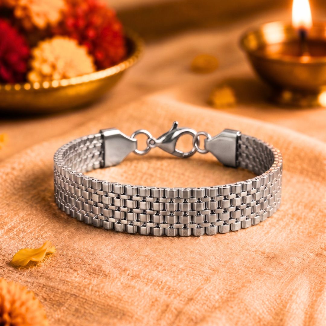 THE MEN THING Steel Bracelets The Perfect Rakhi Gift For Every Brother – ROAD TREAD - Stainless Steel Bracelet With Timeless Style (8 inch)