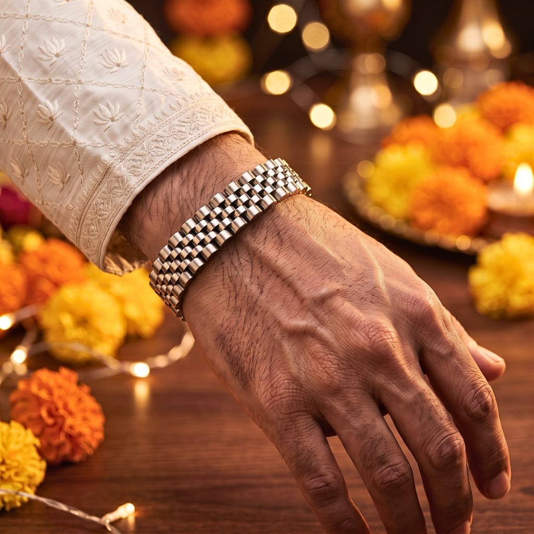 THE MEN THING Steel Bracelets The Perfect Rakhi Gift For Every Brother – STEEL GRID BRACELET - 12mm Stainless Steel Bracelet With Timeless Style (8 inch)