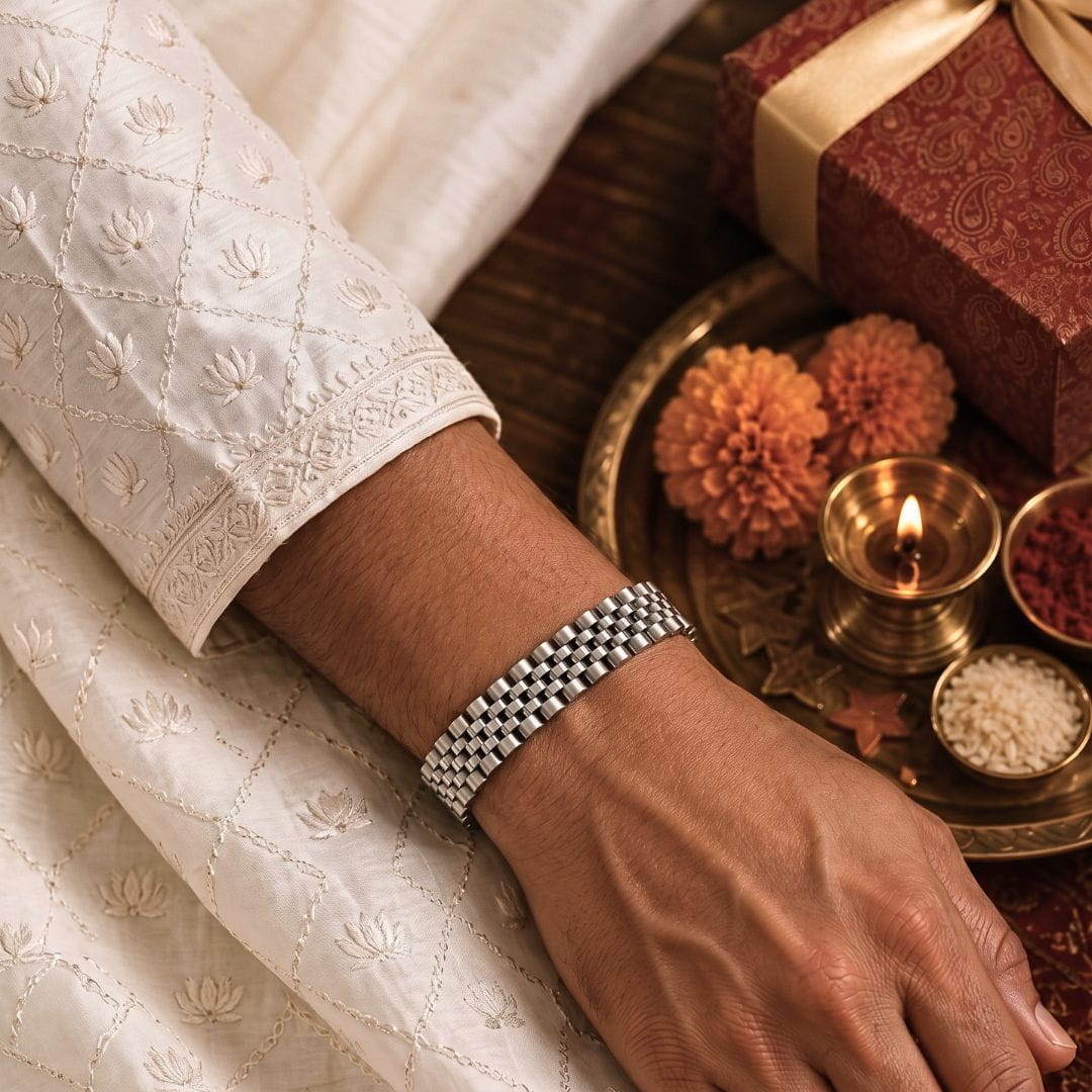 THE MEN THING Steel Bracelets The Perfect Rakhi Gift For Every Brother – STEEL GRID BRACELET - 12mm Stainless Steel Bracelet With Timeless Style (8 inch)
