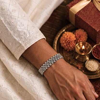 THE MEN THING Steel Bracelets The Perfect Rakhi Gift For Every Brother – STEEL GRID BRACELET - 12mm Stainless Steel Bracelet With Timeless Style (8 inch)